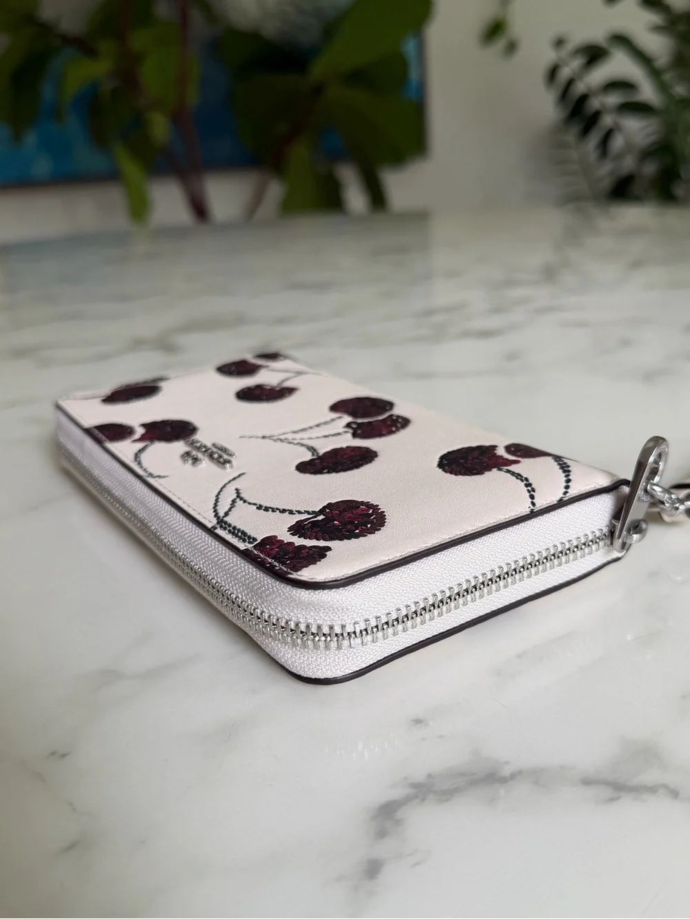 NWT Coach Long Zip Around Wallet With Cherry Print Chalk Leather CDE92